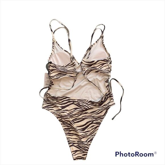 NWT New SHADE & SHORE Animal Print Zebra Monokini Brown Tan Swimsuit M 8 10 - Picture 2 of 6